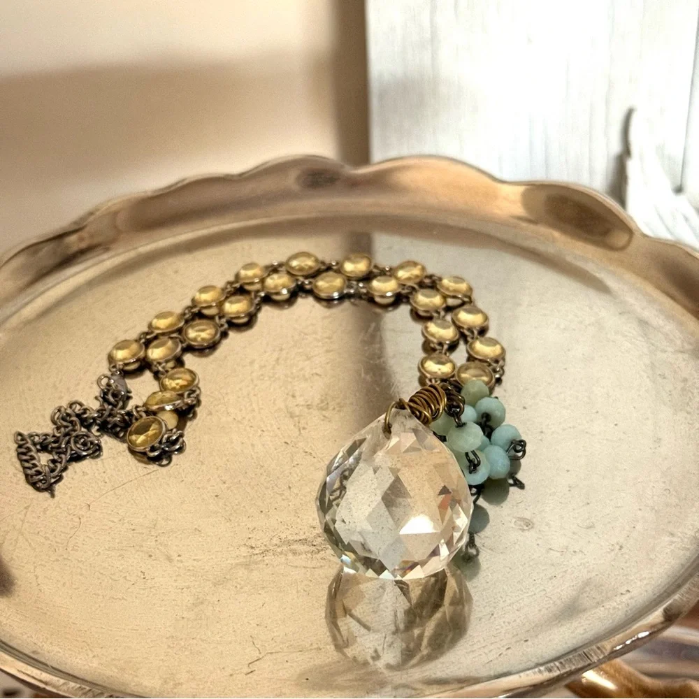 Vintage Elegant Crystal Pendant Necklace, Gold & Rosary Beads, 30”Inches - Picture 4 of 7